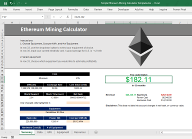 Cryptocurrency Ethereum Mining Calculator Template