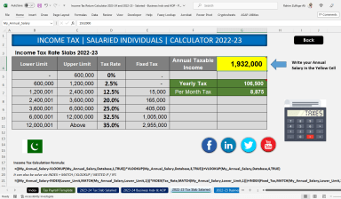 Income Tax Return Calculator & Payroll Tax Template 2022-23 - Salaried - Business Indv and AOP (Pakistan)