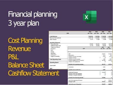 Financial planning - 3-year planning including cost and sales planning, profit and loss account, balance sheet and cash