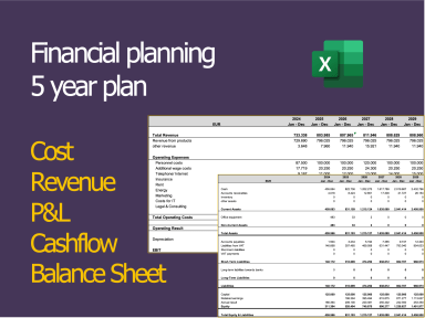 Financial planning - 5-year planning including cost and sales planning, profit and loss account, balance sheet and cash