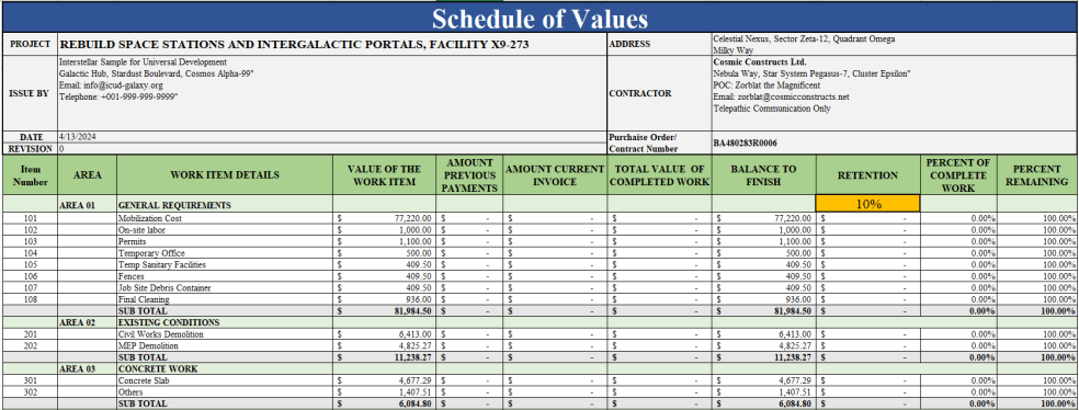 Project Schedule of Values Template for Construction and Engineering ...