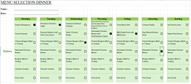 Beautiful Weekly Menu Selection Sheet - Breakfast, Lunch and Dinner