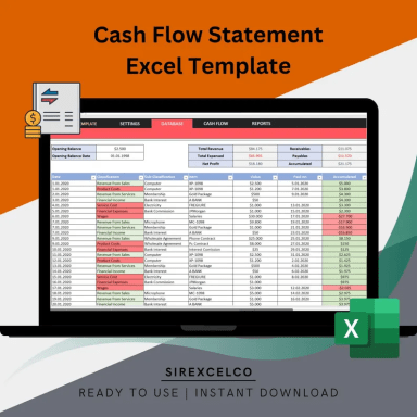 Cash Flow Statement Excel Template | Track Income, Expenses, Financial Balance, Profit and Loss, Balance Sheet, Accounti