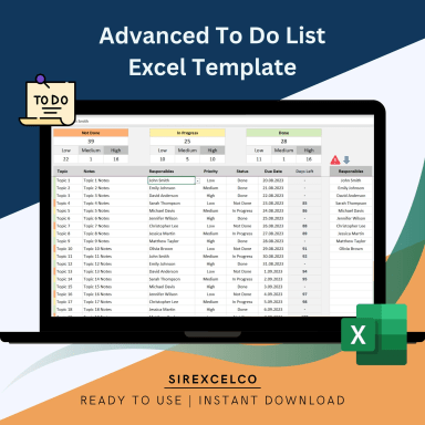 Advanced To Do List Excel Template | Digital Daily Planner | Printable Productivity Planner | Monthly To-Do List