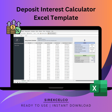 Dynamic Deposit Interest Calculator Excel Template | Simple Compound Interest Tracker, Calculate Interest