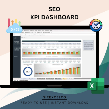 SEO KPI Dashboard Excel Template | Dynamic Monthly & Cumulative SEO Metrics Tracking | Target vs Actual