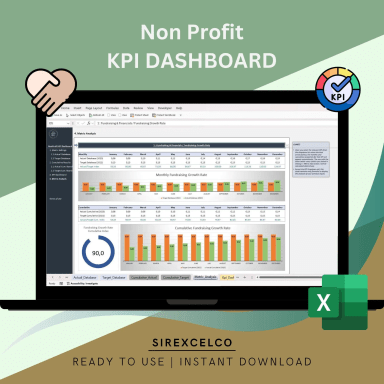 Non Profit KPI Dashboard Excel Template, KPI Report, Dynamic Editable Performance Tracking Tool, Reporting File