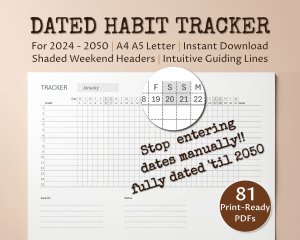 Habit Trackers | Fully Dated 2024-2050 | Printable PDF Habit Tracker with Dates | Planner, Goals Setting