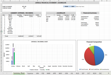 Income Expenses Statement with Asset, Liabilities and Investments - Monthly and Yearly