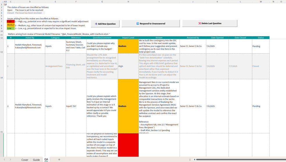 Q&A Tracking Sheet for a Financial Model (Excel) - Eloquens