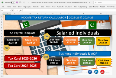Income Tax Return Calculator & Payroll Tax Template 2025-26 and 2024-25 - Salaried - Business Indv and AOP (Pakistan)