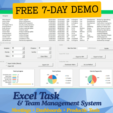 eTask FREE DEMO: Full Excel Task & Team System (7-Day Trial)