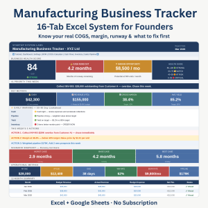 Manufacturing Business Tracker Excel Template | COGS, Cash Flow, Inventory & Dashboard