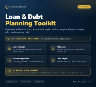 AI-Powered Loan & Debt Toolkit for Excel — Amortization, Refinance, Compare & Payoff (5 Tools)
