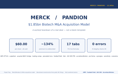 Biotech M&A Model (Excel) — Merck/Pandion $1.85bn Deal Teardown | rNPV · Football Field · ASC 805