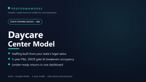 Daycare / Childcare Center Financial Model — State Staffing Ratios, SBA DSCR & IRR (Excel + Google Sheets)