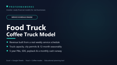 Food Truck / Coffee Truck Startup Financial Model - Service Schedule Engine, 5-Year P&L, SDE & Payback
