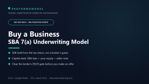 Small Business Acquisition (ETA) Underwriting Financial Model — SBA 7(a), SDE & DSCR
