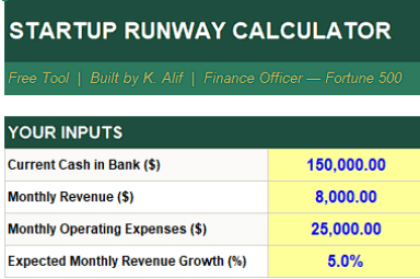Startup Runway Calculator — Free Excel Template (Cash Burn & Zero-Cash Date)