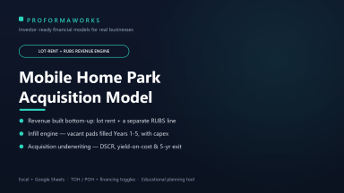 Mobile Home Park Acquisition and Underwriting Financial Model - Lot Rent, RUBS and Infill