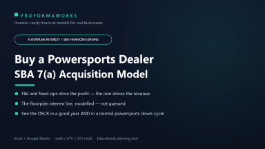 Powersports Dealership Acquisition & SBA Underwriting Financial Model (Excel + Google Sheets)