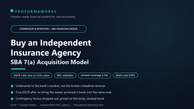 Independent Insurance Agency (P&C) Acquisition & SBA Underwriting Financial Model (Excel + Google Sheets)