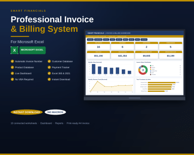 Professional Invoice & Billing System for Microsoft Excel | Invoice Generator | Customer & Product Database | Dashboard