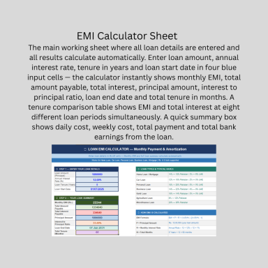 Loan EMI Calculator | Excel Template | Monthly Payment, Amortization Schedule, Tenure Comparison | Home Car Personal Bus