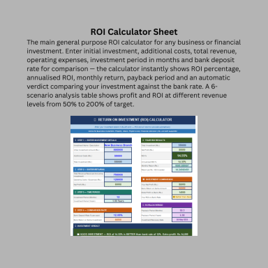 ROI Calculator | Excel Template | Return on Investment, Property Rental Yield, Payback Period & Bank Comparison | Rs. &