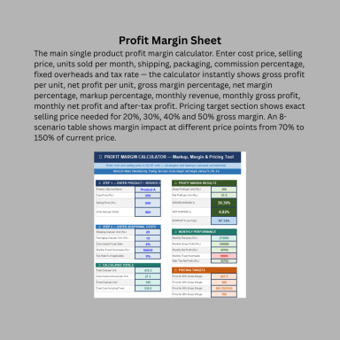 Profit Margin Calculator | Excel Template | Gross Margin, Net Margin, Markup, Pricing Targets & Multi-Product Table | Rs