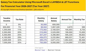Salary Tax Calculator using Microsoft Excel's LAMBDA & LET Functions for Financial Year 2026-2027 (Tax Year 2027)