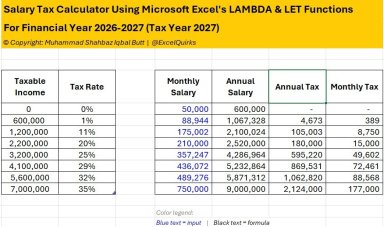 Salary Tax Calculator using Microsoft Excel's LAMBDA & LET Functions for Financial Year 2026-2027 (Tax Year 2027)