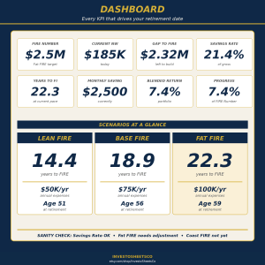 FIRE Roadmap Planner — Lean/Base/Fat Scenarios, Safe Withdrawal Rate, Stress Testing & Net Worth Tracking (Excel)