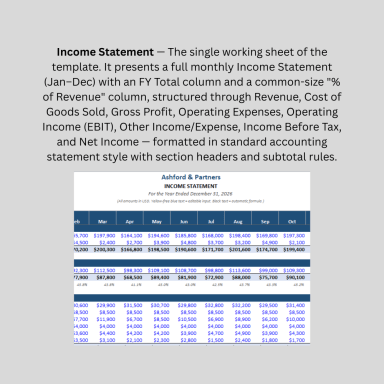Income Statement Template – Monthly Excel P&L with Automatic Subtotals & Margins