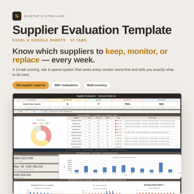 Supplier Evaluation Template — Excel Supplier Scorecard for Procurement | Vendor Performance & Risk Tracker