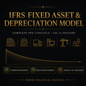IFRS Fixed Asset & Depreciation Model – IAS 16 PPE Register, Revaluation, Impairment, Tax, Deferred Tax, Journals & Disc
