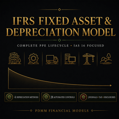 IFRS Fixed Asset & Depreciation Model – IAS 16 PPE Register, Revaluation, Impairment, Tax, Deferred Tax, Journals & Disc