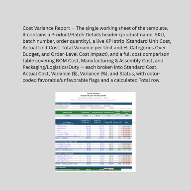 Production Cost Variance Report – Excel Standard vs Actual Cost Tracker for Electronics Manufacturing