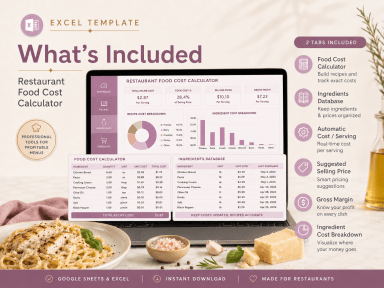 Restaurant Food Cost Calculator | Recipe Costing & Menu Pricing Spreadsheet for Restaurants