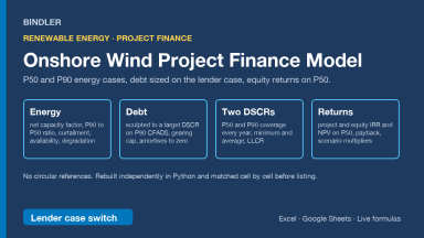 Onshore Wind Project Finance Model (P50 and P90 cases, DSCR-sculpted debt, PPA and merchant)