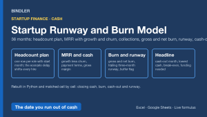 Startup Runway and Burn Model: 36-month headcount plan, cash-out date, break-even, scenarios