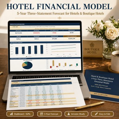 Hotel & Boutique Hotel 5-Year Financial Model Excel | Occupancy, ADR, RevPAR, Break-Even, Cash Flow & Investor Deck
