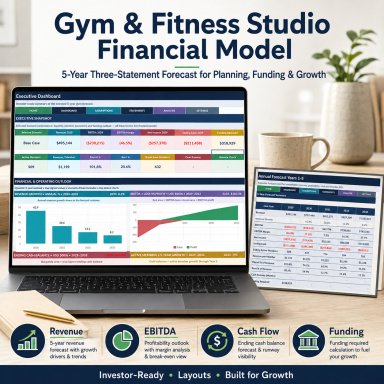 Gym & Fitness Studio 5-Year Financial Model Excel | Membership Growth, Cash Flow, Break-Even, Scenarios & Investor Deck