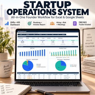 Startup Operations Excel Template | OKRs, KPI Dashboard, Product Roadmap, Investor Report, Hiring, Risk & RICE