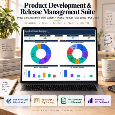 Product Management Excel Suite | RICE, MoSCoW, PRD, Release Planning, QA, Bugs & Executive Dashboard