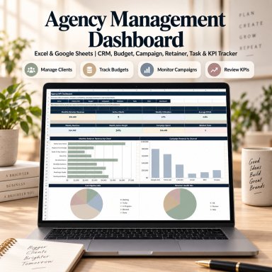 Digital Agency Management Excel Dashboard | CRM, Budgets, Campaigns, Retainers, Tasks, Team Capacity & KPIs