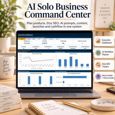AI Solo Business Management Excel Dashboard | Etsy SEO, Product Planner, Content, Cashflow & AI Workflow Tracker