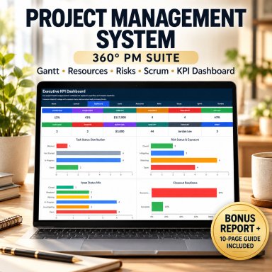 360° Project Management Excel System | Gantt, Resources, Risk, Issues, Scrum, Kanban & KPI Dashboard