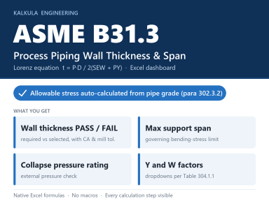 ASME B31.3 Process Piping Wall Thickness & Span Calculator (Excel Dashboard)