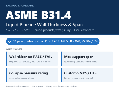 ASME B31.4 Pipeline Wall Thickness & Span Calculator (Excel Dashboard)